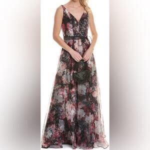 Rene Ruiz Collection V Neck Printed Organza A-Line Gown Women’s Sz 14